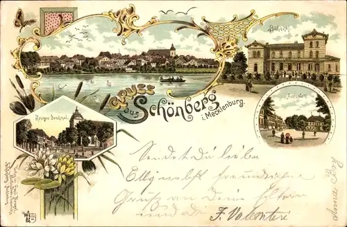 Litho Schönberg in Mecklenburg, Kriegerdenkmal, Amtsplatz, Bahnhof, Totalansicht
