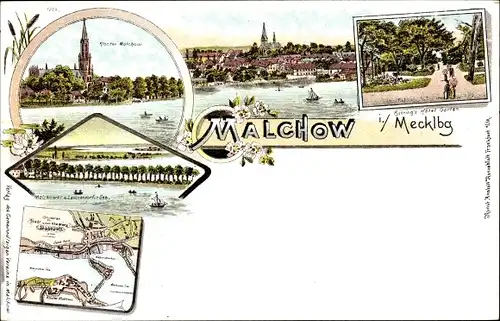 Litho Malchow in Mecklenburg, Kloster, Bühring's Hotel Garten, Laschendorfer See