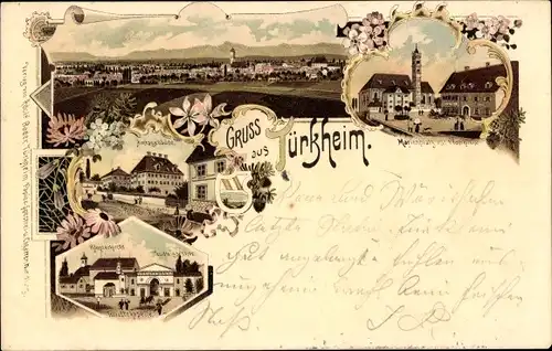 Litho Türkheim im Unterallgäu, Amtsgebäude, Klosterkirche, Marienplatz, Pfarrkirche