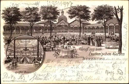 Litho Würzburg am Main Unterfranken, Hutten'scher Garten, Gartenwirtschaft, Saal