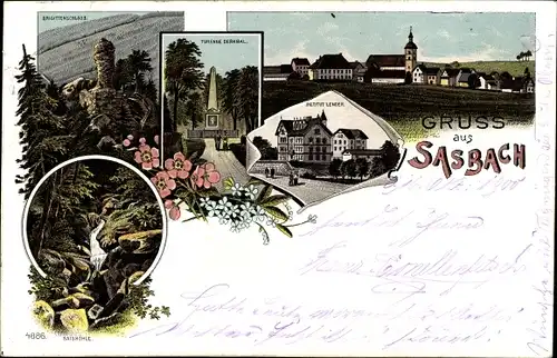 Litho Sasbach im Ortenaukreis, Totalansicht, Brigittenschloss, Turenne Denkmal, Institut Lender