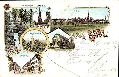 Litho Bühl in Baden Schwarzwald, Burg Alt Windeck, Haushaltungsschule, Gertelbachfälle, Hauptstraße