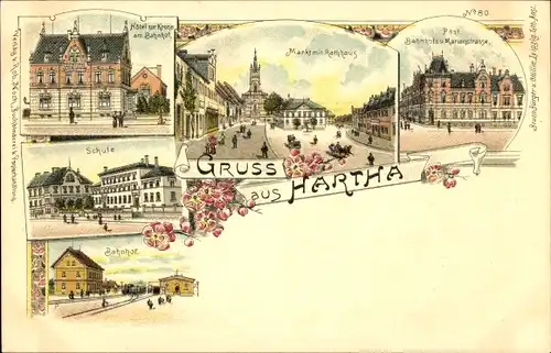 Litho Hartha in Sachsen, Schule, Bahnhof, Hotel zur Krone, Markt, Rathaus, Post