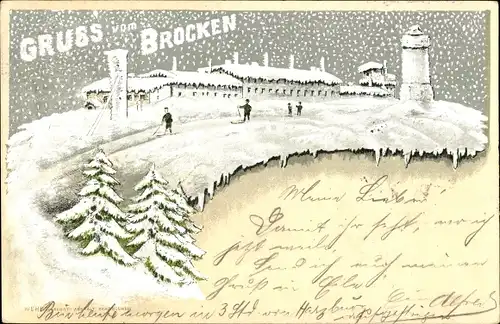 Litho Brocken Nationalpark Harz, Hotel, Turm, Winter, Tannenbäume