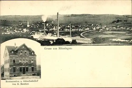 Ak Münsingen in Württemberg, Gesamtansicht, Restauration zum Güterbahnhof