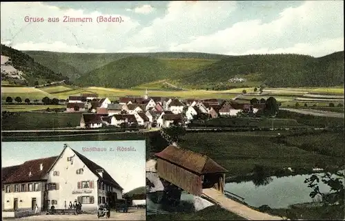 Ak Zimmern Immendingen, Gesamtansicht, Gasthaus zum Rössle, gedeckte Brücke