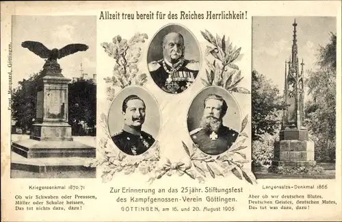 Ak Göttingen in Niedersachsen, Kriegerdenkmal 1870/71, Langensalza-Denkmal 1866, Kaiser Wilhelm II.