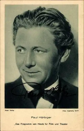 Ak Schauspieler Paul Hörbiger, Portrait, Fliege, Ross, Autogramm