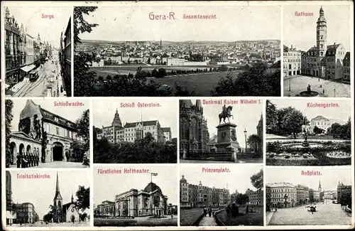 Ak Gera in Thüringen, Panorama, Sorge, Rathaus, Schloss Osterstein, Trinitatiskirche, Prinzenplatz