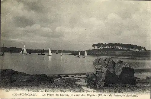Ak Île aux Moines Morbihan, Drenn Beach, Regattatag, bretonische Landschaftsstudien