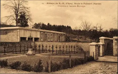 Ak Arcis le Ponsart Marne, Abtei Notre Dame d'Igny, Friedhof, Elektrizitätszentrale