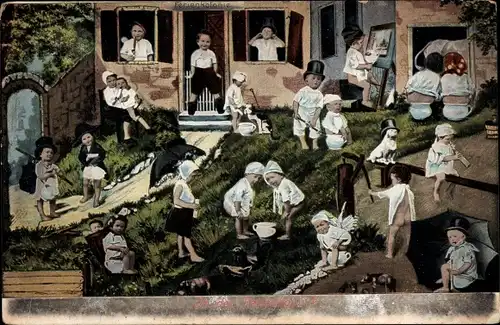 Ak In der Ferienkolonie, Kinder mit Nachttöpfen, Fotomontage