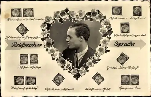 Ak Briefmarkensprache, Männerportrait, Herz aus Blumen