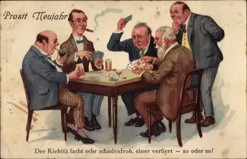 Ak Fröhliches Neujahr, Männerrunde beim Skat, Kartenspiel, Der Kiebitz lacht sehr schadenfroh