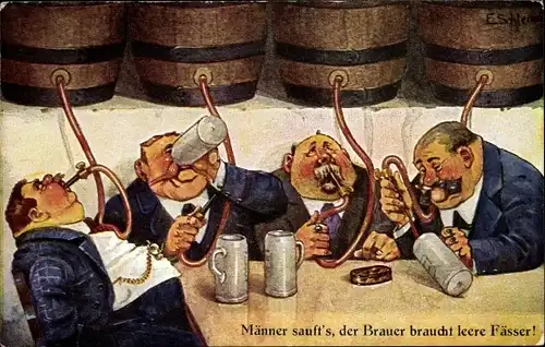 Künstler Ak Schlemo, Männer sauft's, der Brauer braucht leere Fässer, Kgl. Hofbräuhaus München