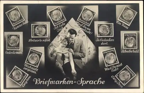 Ak Briefmarkensprache, Komme bald, ich liebe dich, ein Kuss, Liebespaar