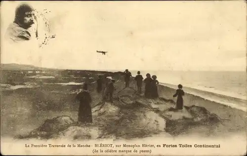 Ak Erster Flug über den Ärmelkanal, Flugpionier Bleriot, Flugzeug, Continental Reifen