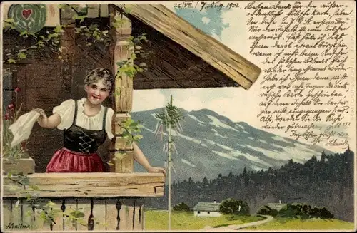 Künstler Ak Mailick, Frau in Alpentracht auf einem Balkon, mit Taschentuch winkend