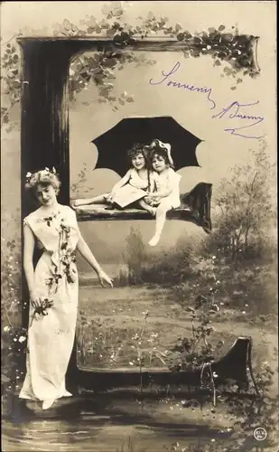 Buchstaben Ak Buchstabe E, Frau, Kinder mit Regenschirm, NPG 195