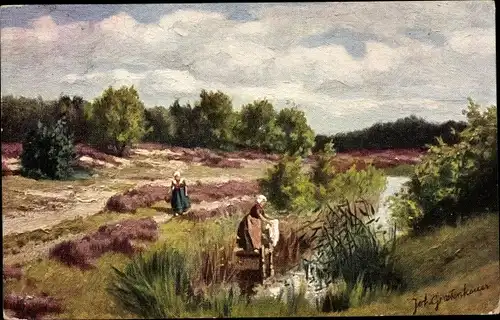 Künstler Ak Gerstenhauer, Johann Georg, niederländisches Motiv, Heidelandschaft, Frauen in Tracht