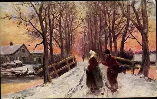 Künstler Ak Gerstenhauer, J. G., niederländisches Dorfmotiv, Winter, Paar in Tracht
