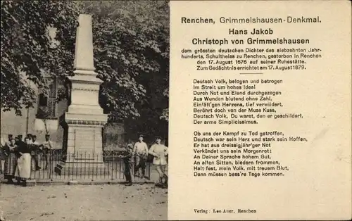 Ak Renchen am Schwarzwald, Denkmal Hans Jakob Christoph von Grimmelshausen, Gedicht
