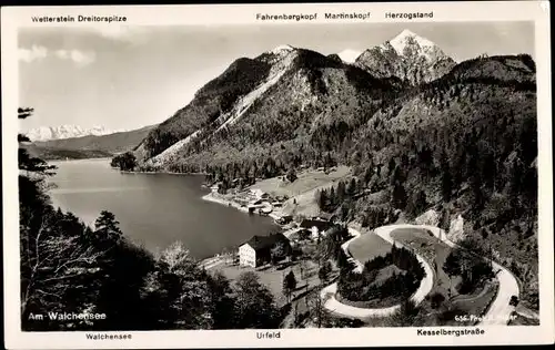 Ak Urfeld am Walchensee Kochel am See, Panorama, Wetterstein Dreitorspitze, Fahrenbergkopf