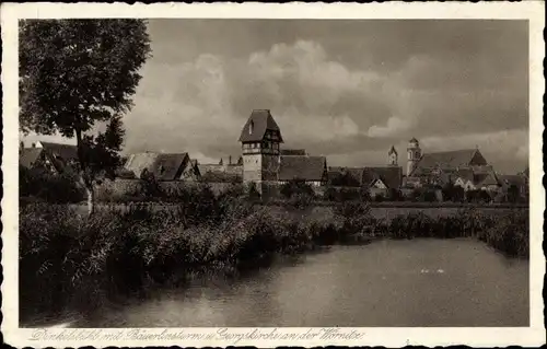 Ak Dinkelsbühl in Mittelfranken, mit Bäuerlinsturm und Georgskirche an der Wörnitz
