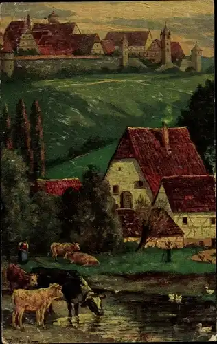 Künstler Ak Rothenburg ob der Tauber Mittelfranken, Blick von der Herrenmühle, Kühe