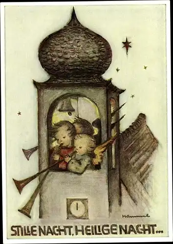 Künstler Ak Hummel, Berta, Stille Nacht, heilige Nacht, Weihnachten, Engel mit Fanfaren