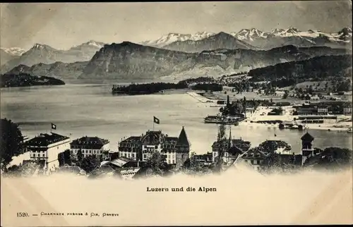 Ak Luzern Stadt Schweiz, Teilansicht des Ortes mit Blick über den See auf die Alpen