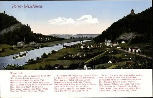 Ak Porta Westfalica an der Weser, Weserlied, Panorama, Schiff, Brücke