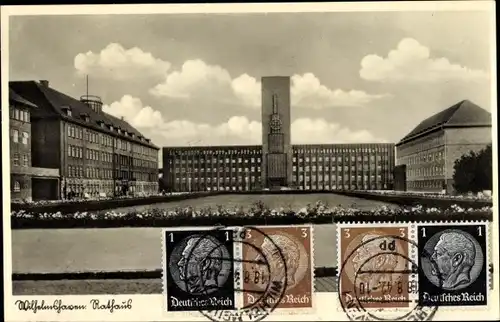 Ak Wilhelmshaven in Niedersachsen, Blick zum Rathaus, Vorderansicht, Turm, Teichanlage