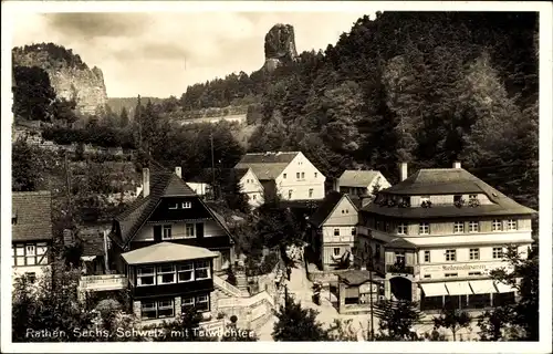 Ak Rathen an der Elbe Sächsische Schweiz, Teilansicht mit Talwächter, Kolonialwarenladen