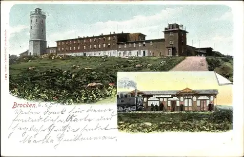 Ak Brocken Nationalpark Harz, Bahnhof der Brockenbahn, Dampflokomotive, Brockenhaus, Turm