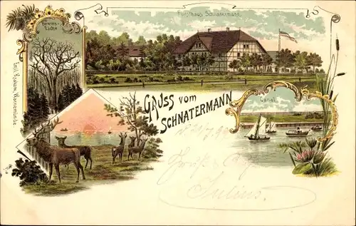 Litho Schnatermann Rostock in Mecklenburg, Kanal, Forsthaus, Hirsche, Eiche