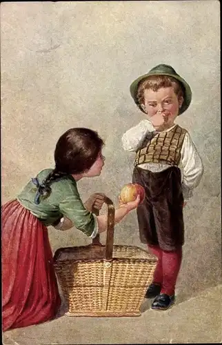 Ak Adam und Eva, Mädchen schenkt seinem Freund einen Apfel, Korb