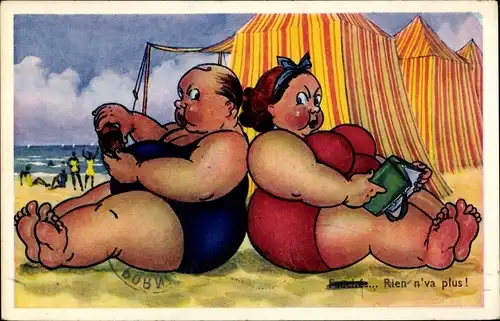 Künstler Ak Zwei dicke Frauen in Badeanzügen am Strand