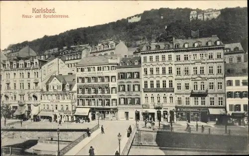 Ak Karlovy Vary Karlsbad Stadt, Kreuzstraße und Sprudelstraße