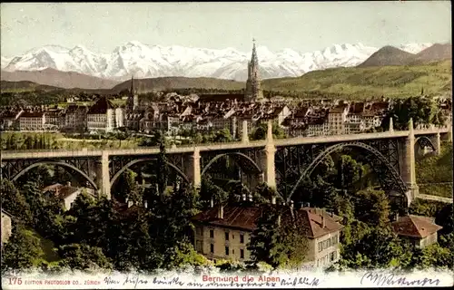 Ak Bern Stadt Schweiz, Panorama, Brücke, Alpen