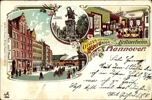 Litho Hannover in Niedersachsen, Hotel Union, Kellnerheim, Kriegerdenkmal