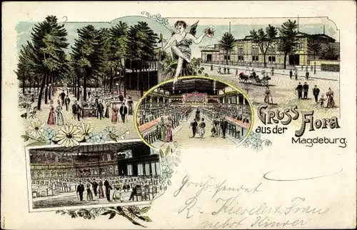 Litho Magdeburg, Gruß aus der Flora, Innenansicht, Saal, Garten