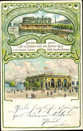 Litho Hamburg, Das Alte stürzt, Alsterpavillon, Teilansicht der Stadt