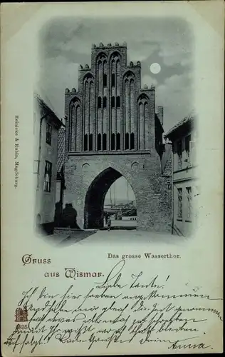Mondschein Ak Hansestadt Wismar, Wassertor bei Nacht