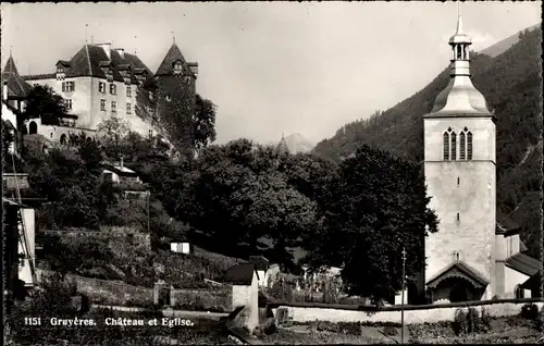 Ak Gruyères Kanton Freiburg Schweiz, Schloss, Kirche