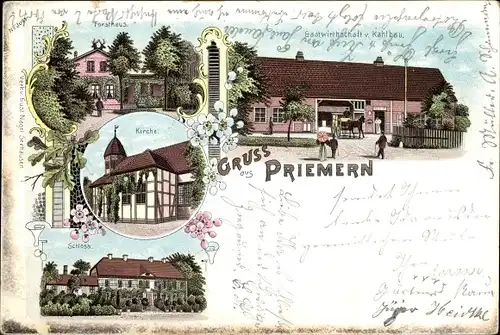 Litho Priemern Altmärkische Höhe Sachsen Anhalt, Forsthaus, Gastwirtschaft v. Kahlbau,Kirche,Schloss