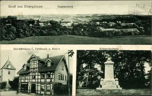 Ak Ebergötzen in Niedersachsen, Geschäftshaus, Kriegerdenkmal, Totalansicht der Ortschaft, Kirche