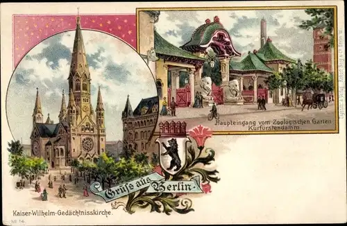 Wappen Litho Berlin Charlottenburg, Kaiser Wilhelm Gedächtniskirche,Haupteingang Zoologischer Garten