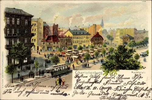 Litho Berlin Charlottenburg, Marktplatz mit Straßenbahn