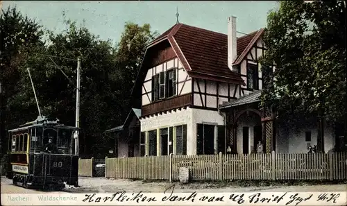 Ak Aachen in Nordrhein Westfalen, Partie an der Waldschenke, Straßenbahn 80 nach Burtscheid